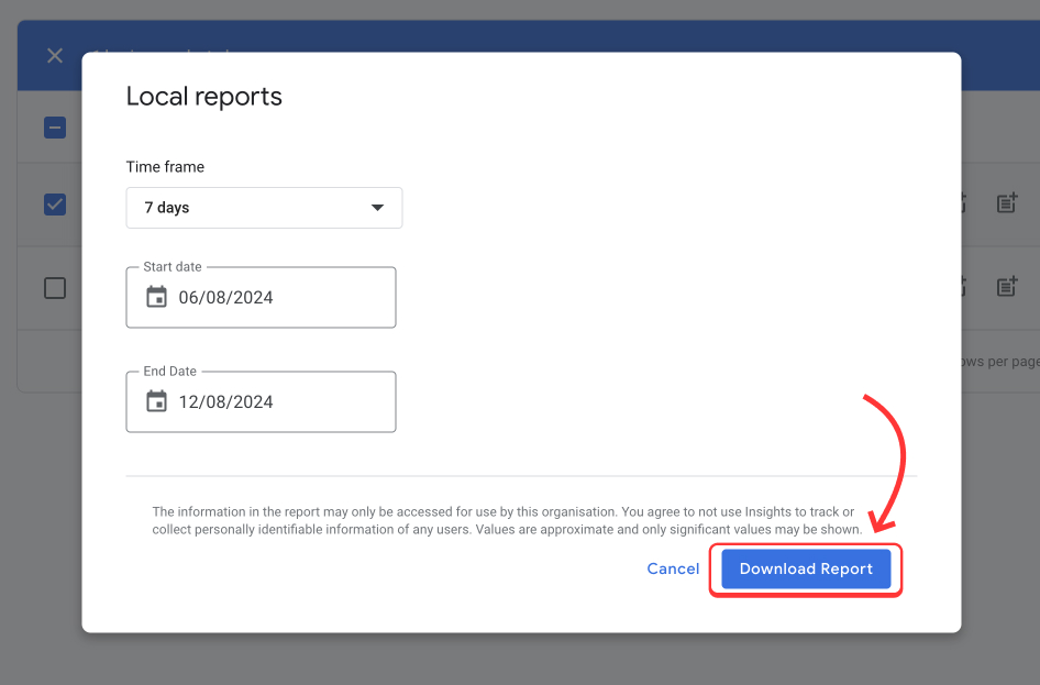 selecting a time frame and downloading the gbp report