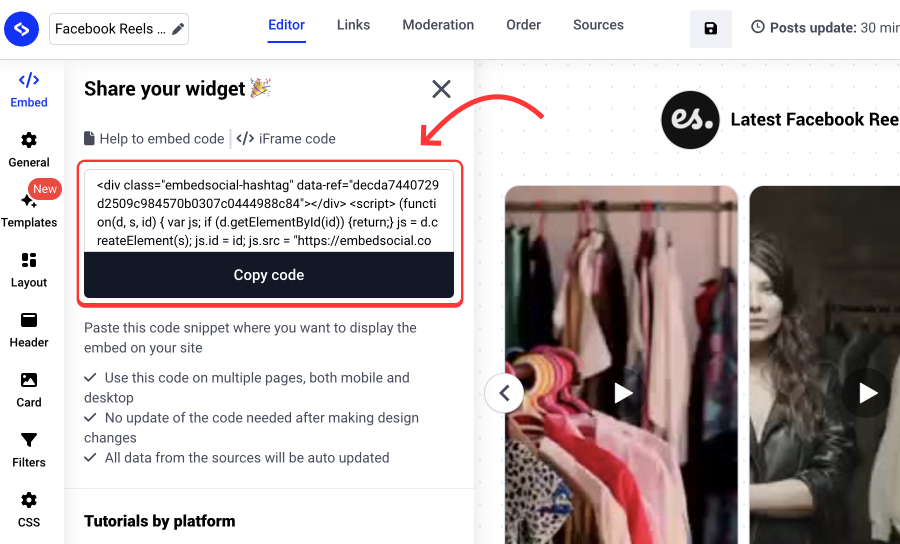 Copy code to embed Facebook reels widget