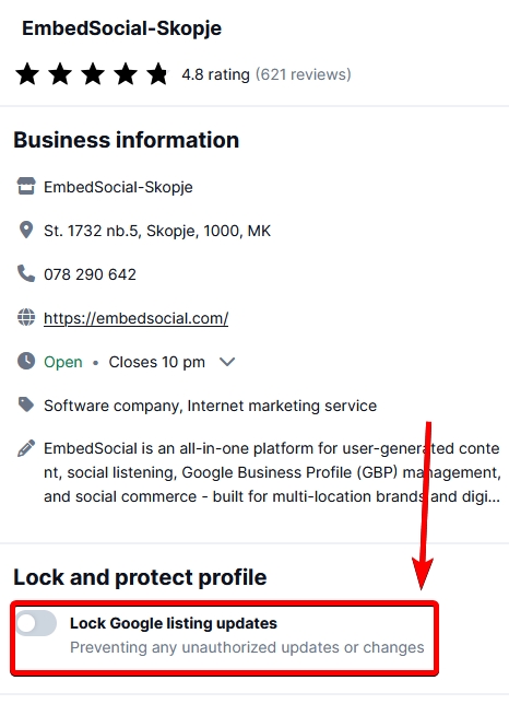 embedsocial lock info on gbp platform