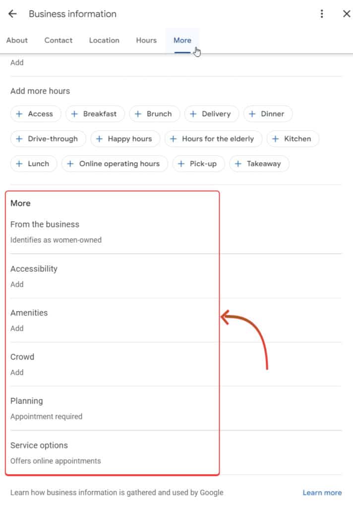 accessing the attributes section in gbp