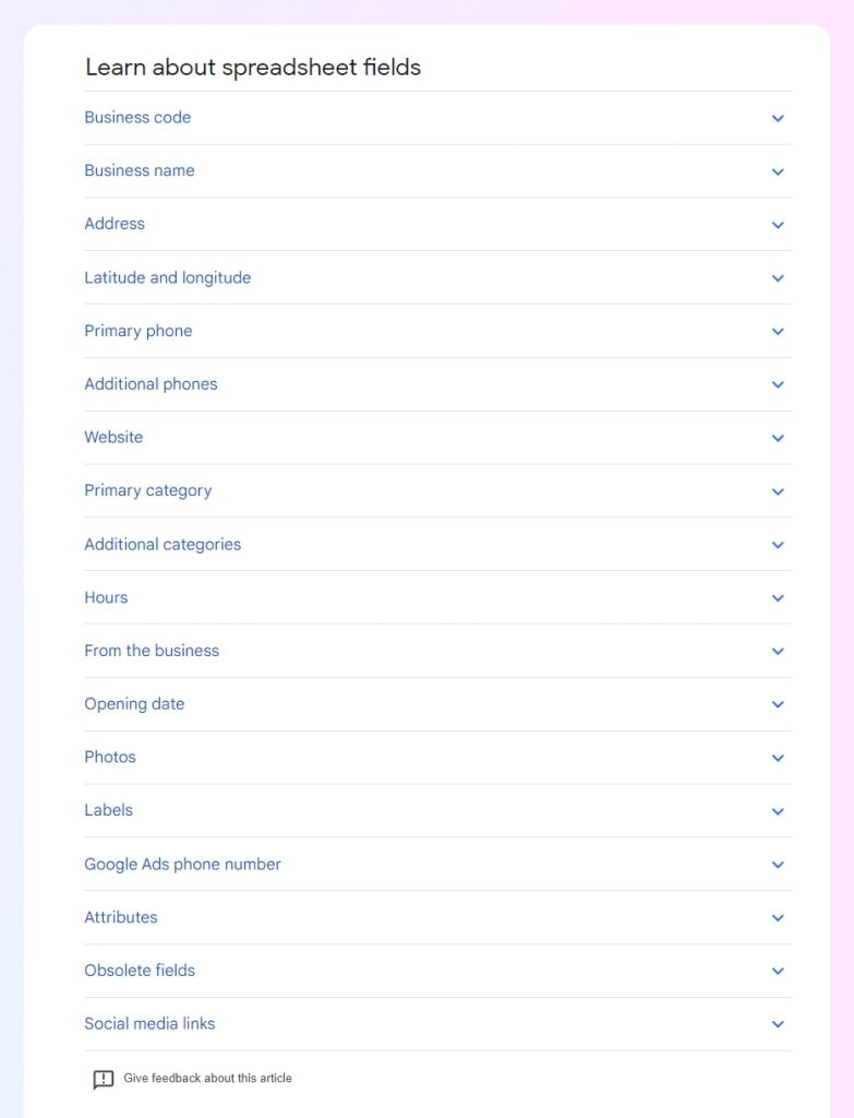 mandatory spreadsheet fields for gbp business listings