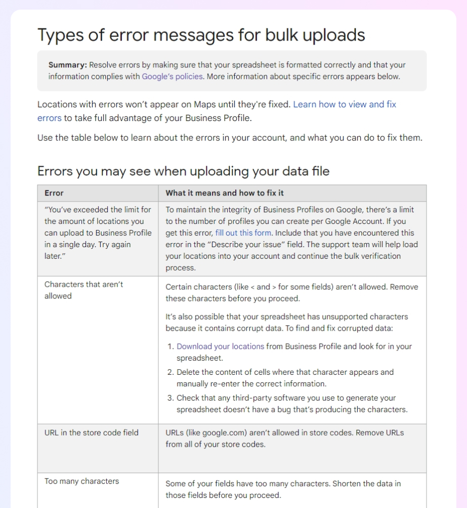 types of error messages for bulk uploads