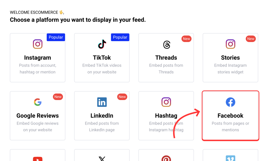 Select Facebook as a Source to embed Facebook reels