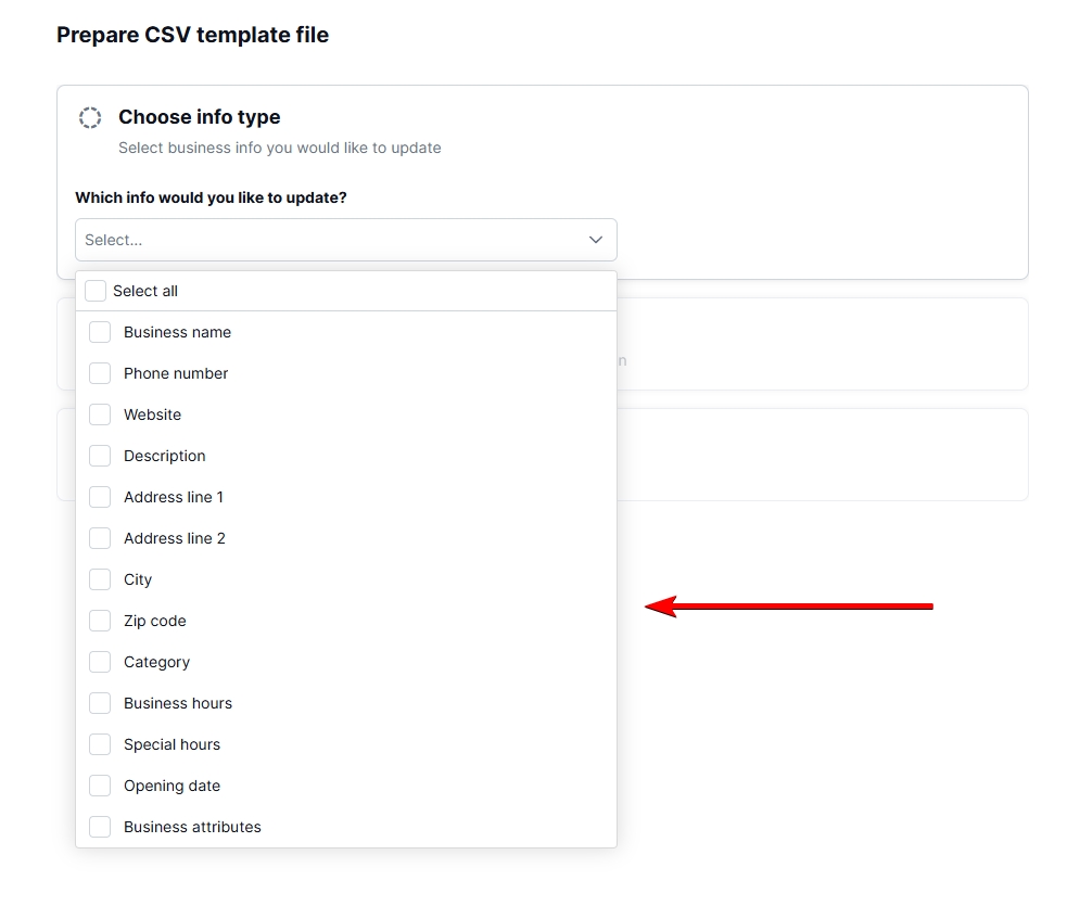 selecting gbp info fields for csv template in embedsocial