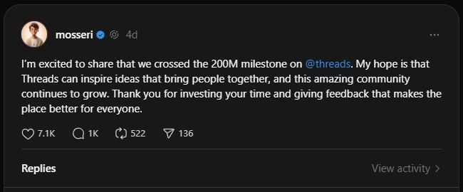 threads announcement for a 200 million user milestone