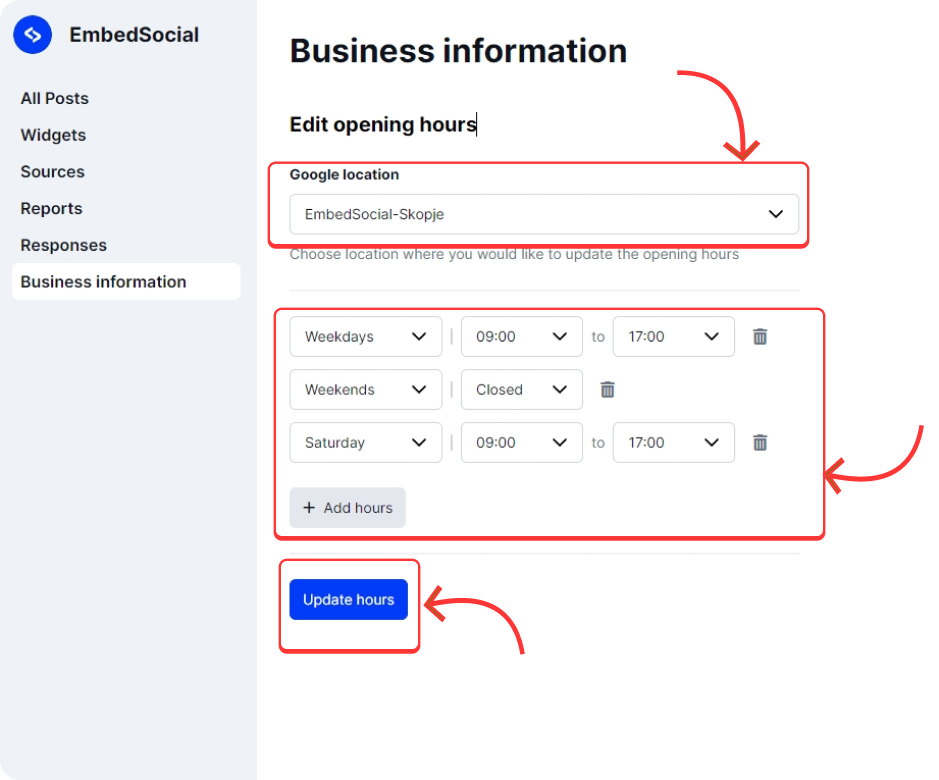 changing gbp hours via embedsocial interface