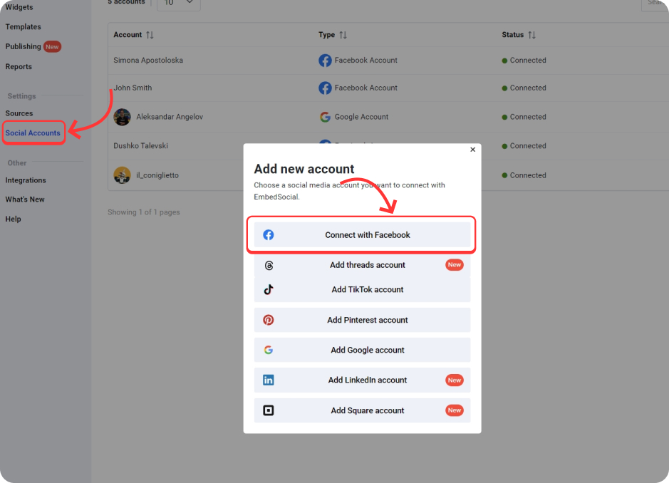 connecting a facebook account in embedsocial