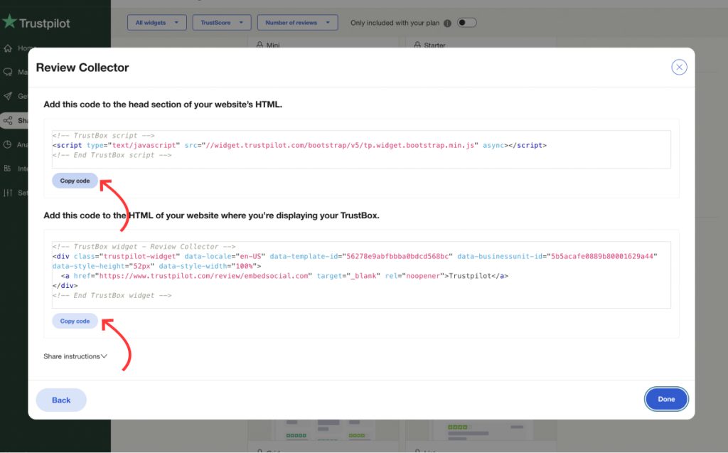 getting Trustpilot widget codes to implement widget on website