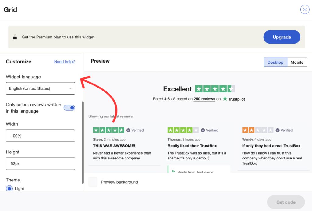 customization settings for the trustbox trustpilot reviews widget