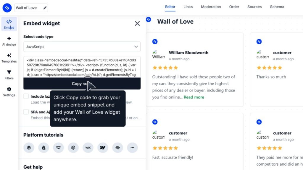 copying the unique widget code