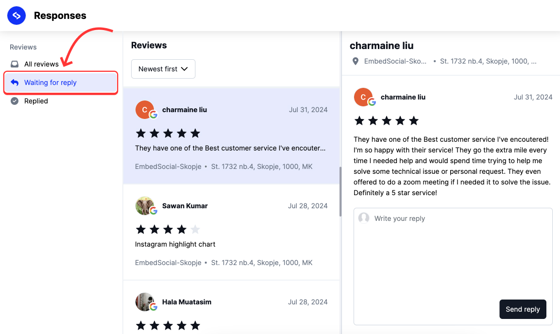 EmbedSocial Google reviews responder waiting for reply tab