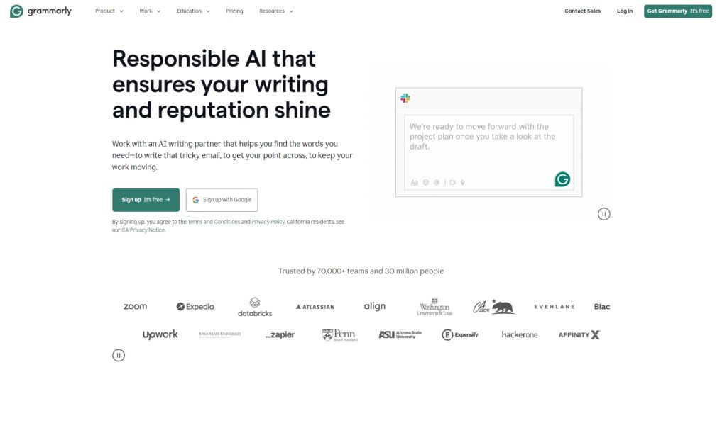 grammarly landing page