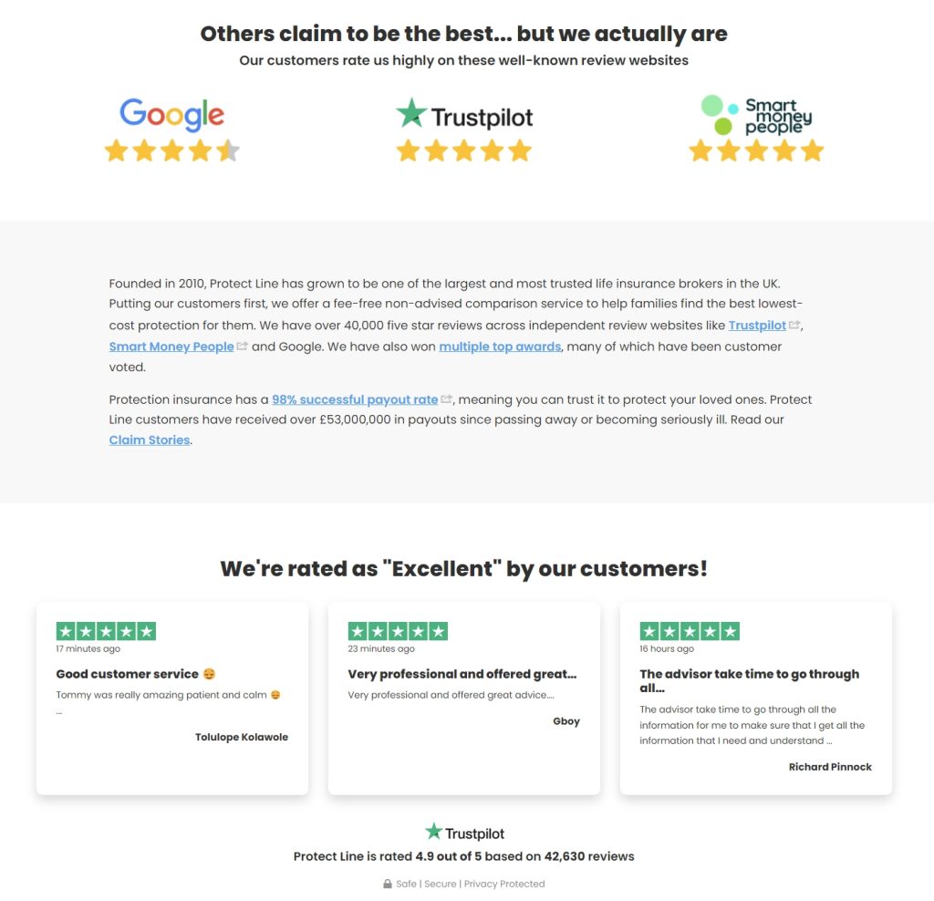 protect line website embedded trustpilot reviews