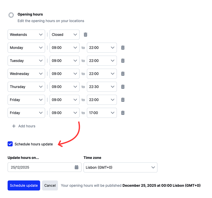 Schedule business hours on multiple Google business profiles