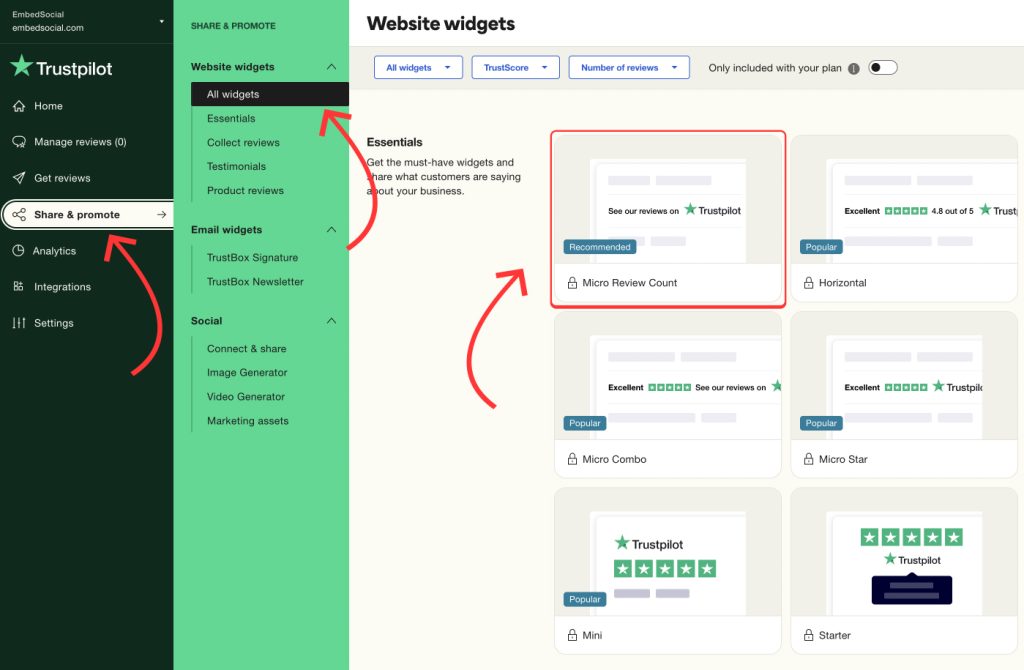 Select Trustpilot widgets or badges