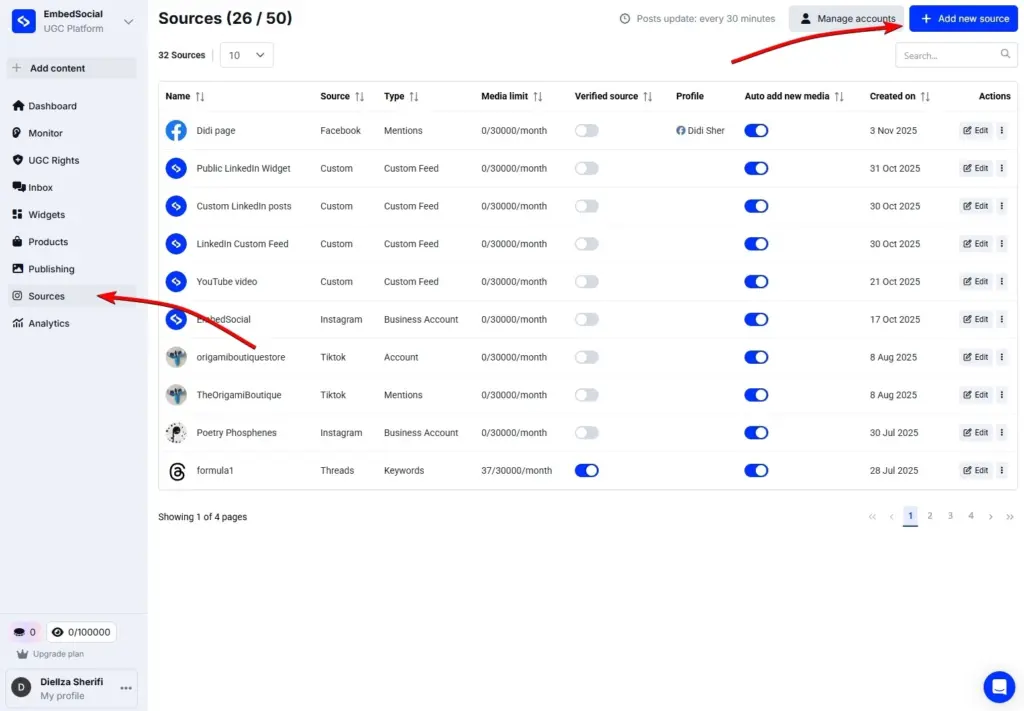 adding a new source in embedsocial