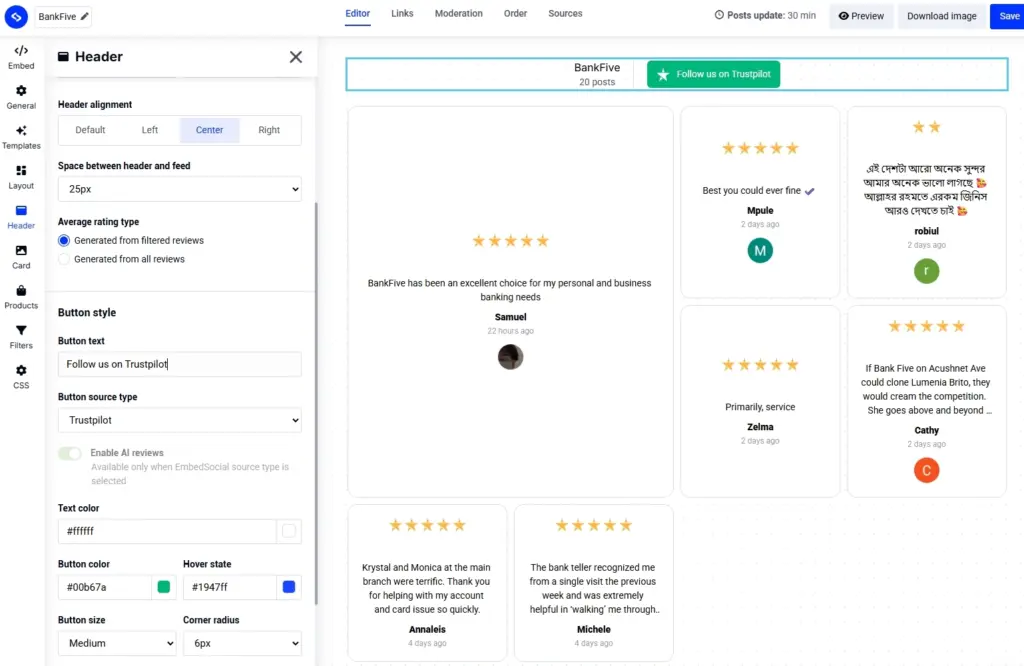 design your embedsocial trustpilot widget
