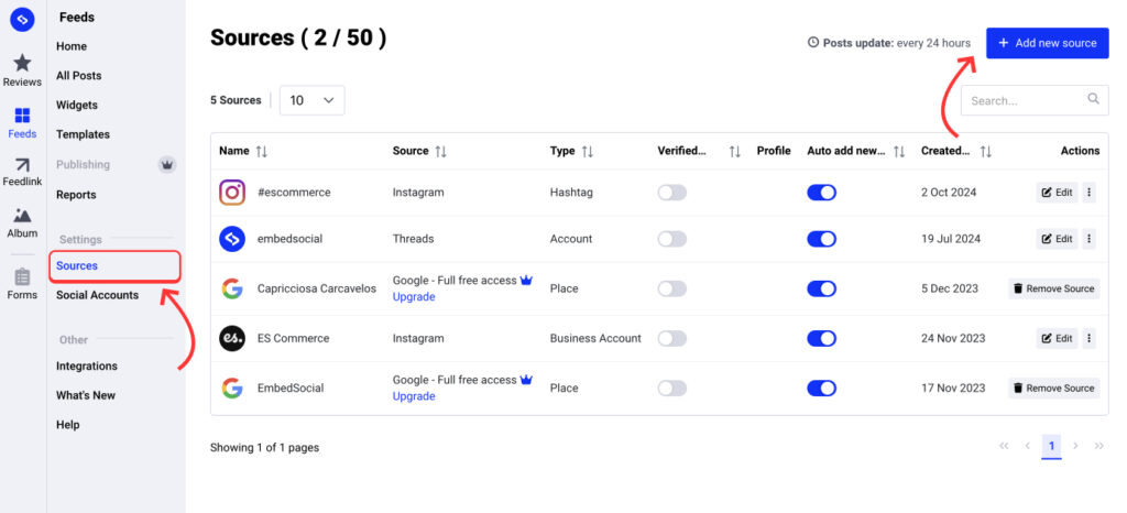 adding a new source in embedsocial