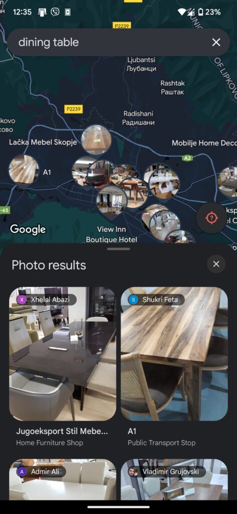 looking for a dining table using google maps discover through photos