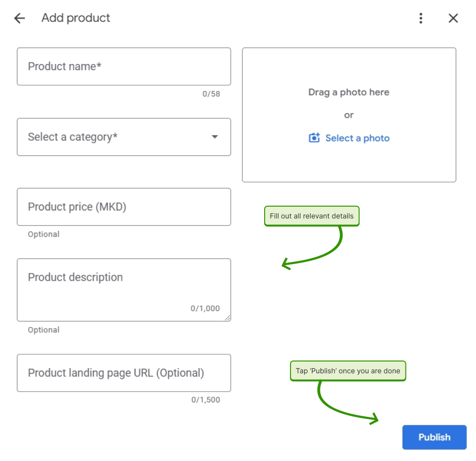 adding product details in gbp