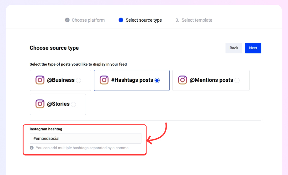 entering specific hashtags to track in embedsocial