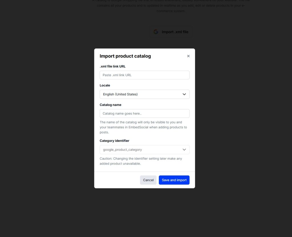 screen with import settings for product catalogs inside embedsocial