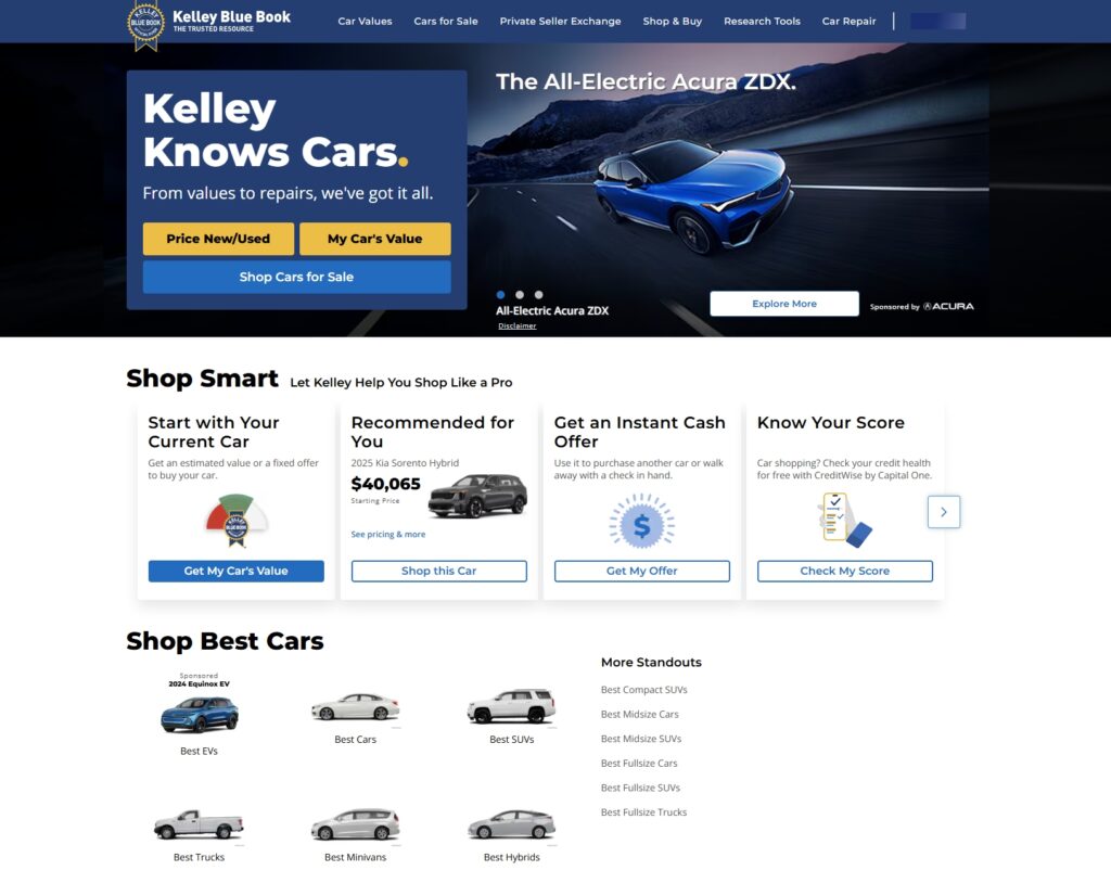 kelley blue book landing page