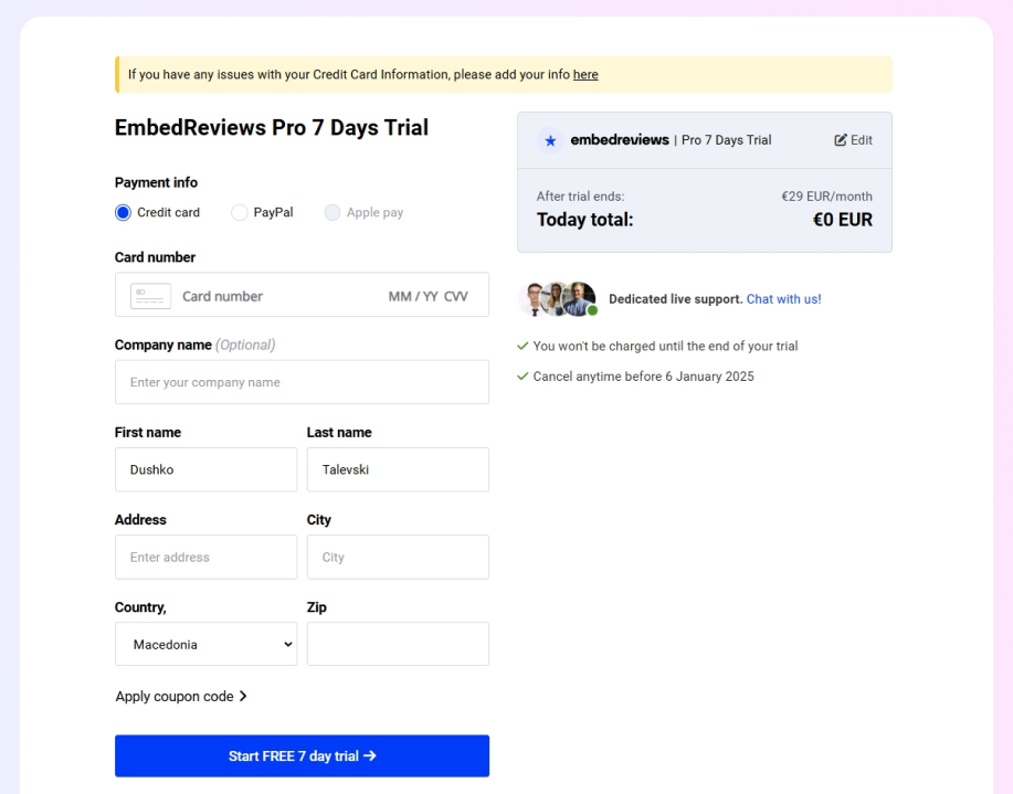 embedreviews trial signup page