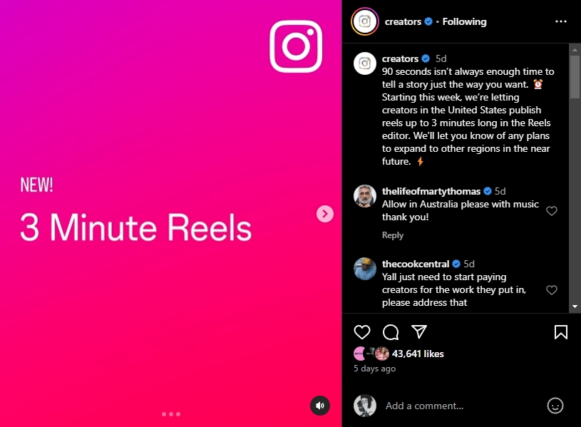 instagram reels update 3 minutes length