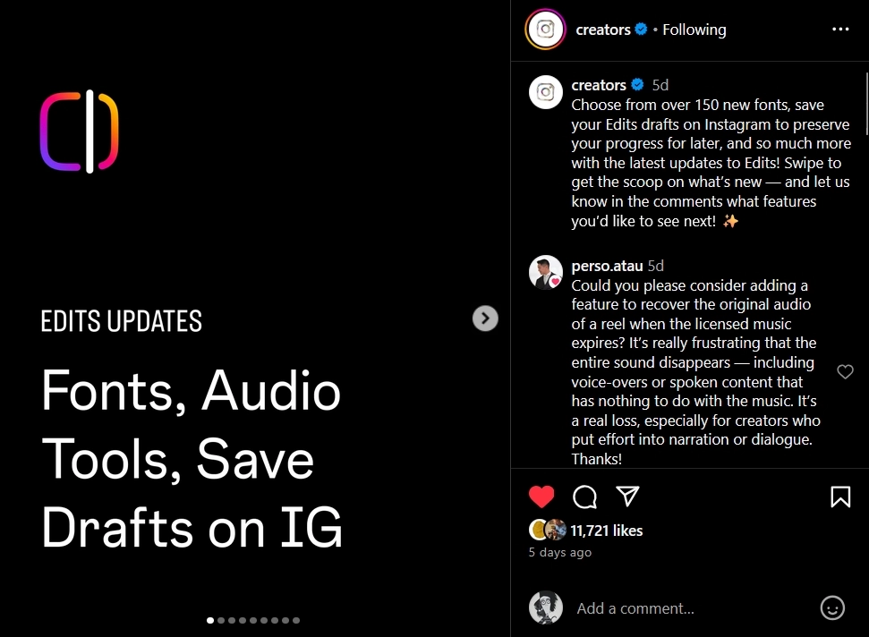 instagram edits updates