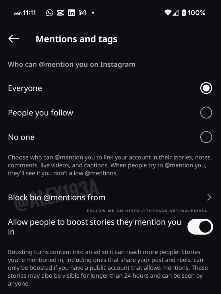 instagram block bio mentions