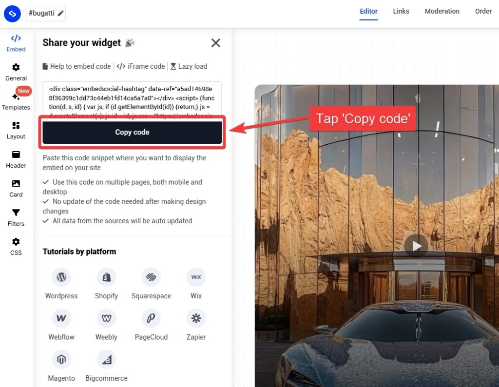 copying instagram widget embeddable code in embedsocial