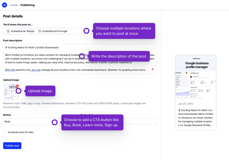 برای انتشار یک پست Google در چندین مکان، تصویر توضیحات و CTA را اضافه کنید.