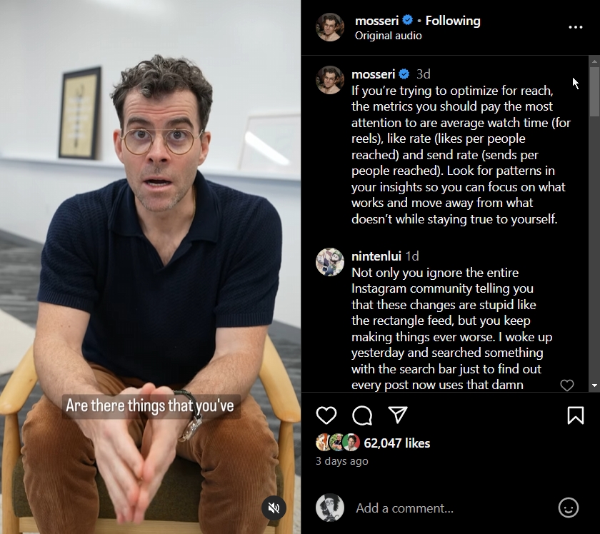 adam mosseri update on instagram metrics to follow