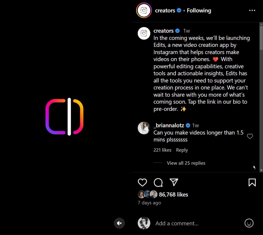 instagram edits announcement post on instagram