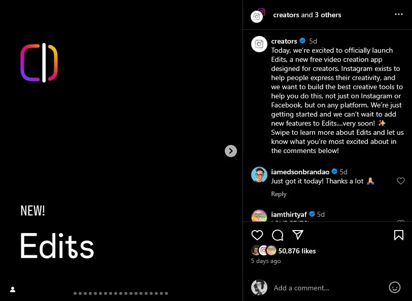 instagram edits launch announcement