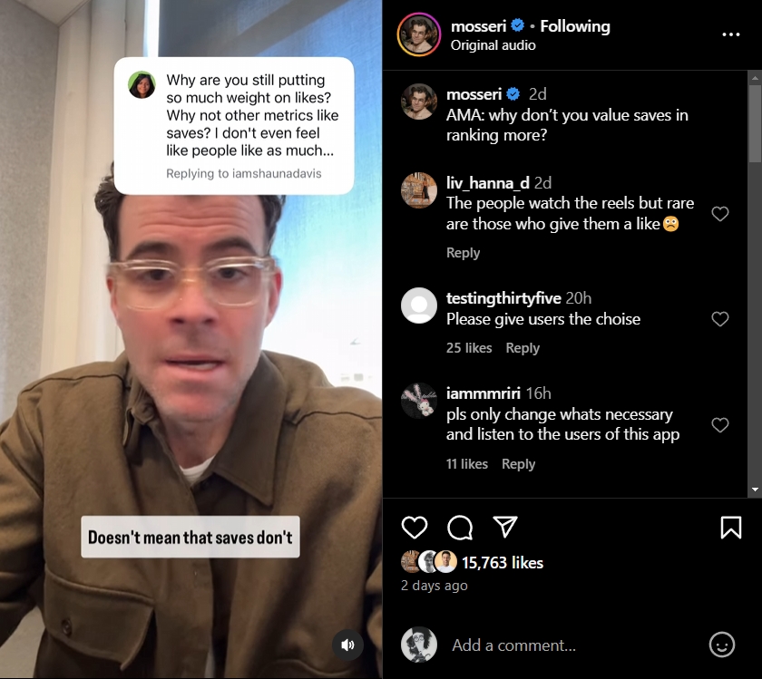 mosseri update about instagram's algorithm of likes over saves