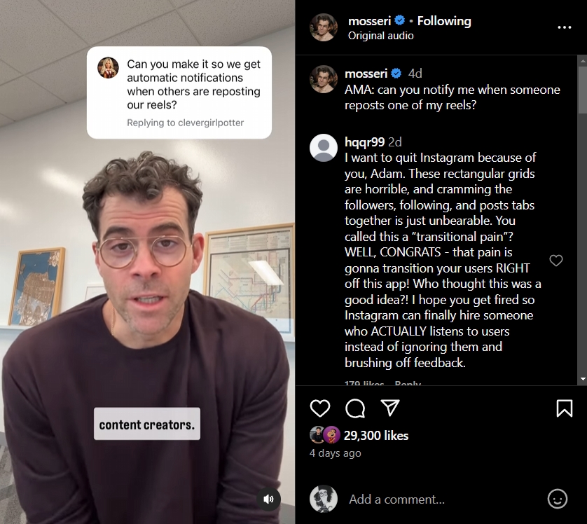 mosseri explaining the system for rewarding original creators over aggregators on instagram