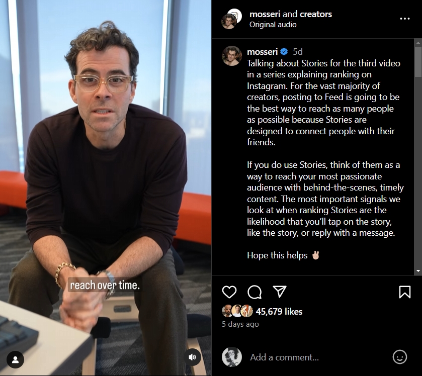 mosseri update aabout instagram's ranking algorithm in terms of stories