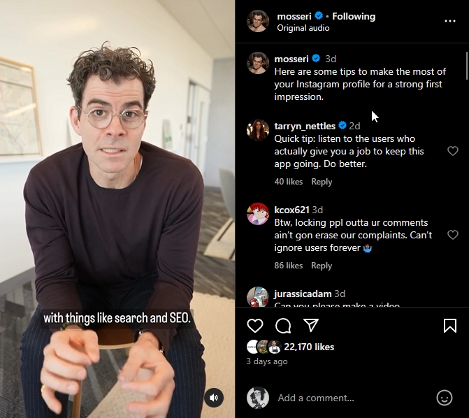 mosseri telling viewers about tips to make the most out of their ig profiles