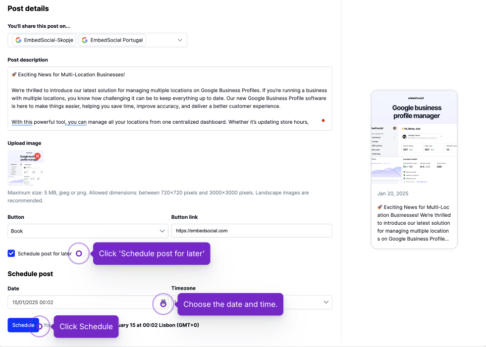 Set time and date to schedule GBP posts