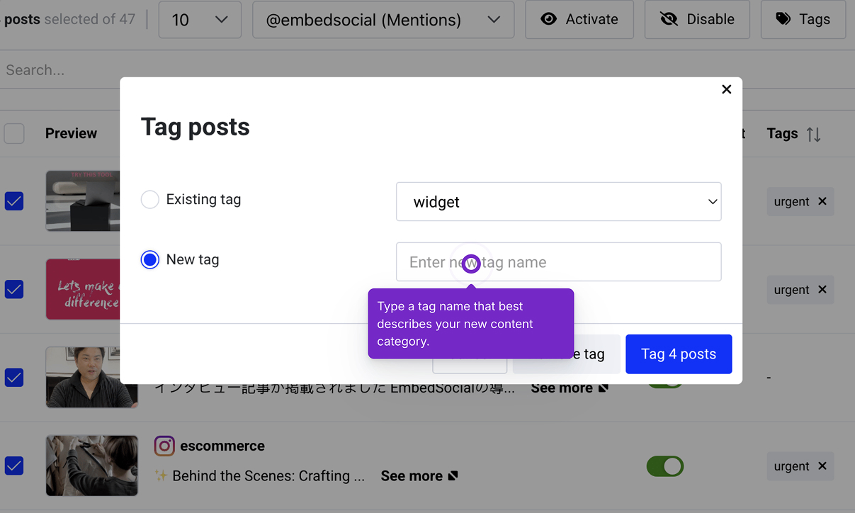 tagging posts in embedsocial