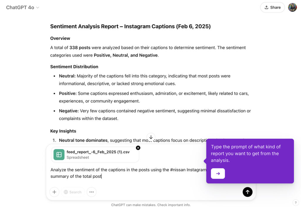 Sentiment analysis of Instagram posts with Chat GPT