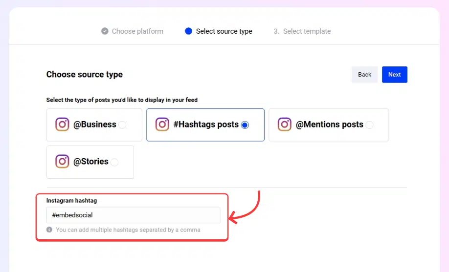 entering specific hashtags to track in embedsocial
