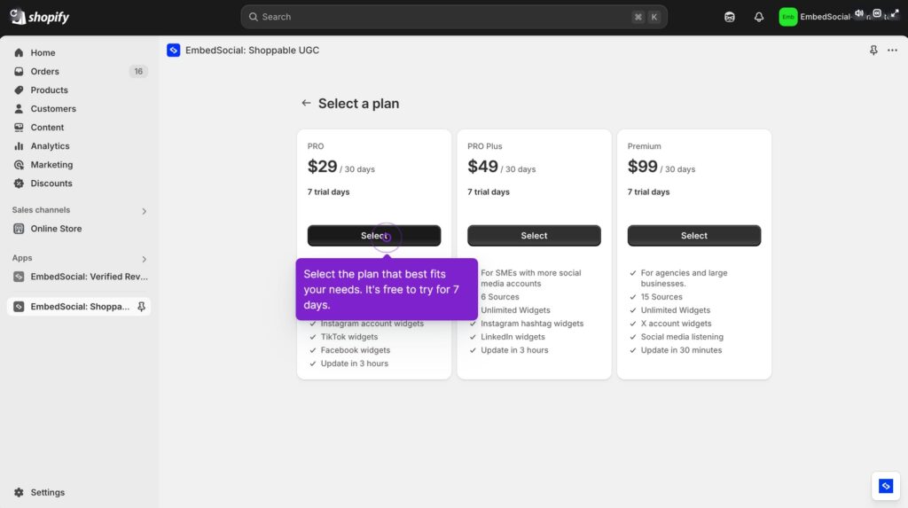 page to select an embedsocial paid plan