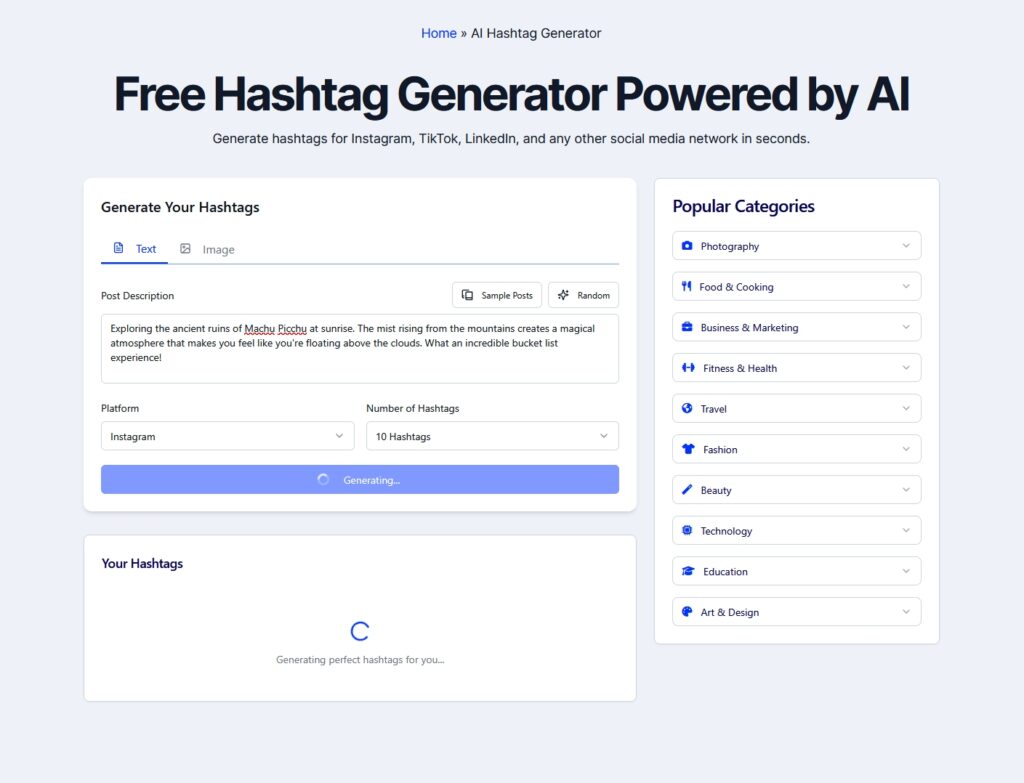 embedsocial ai hashtag generator landing page