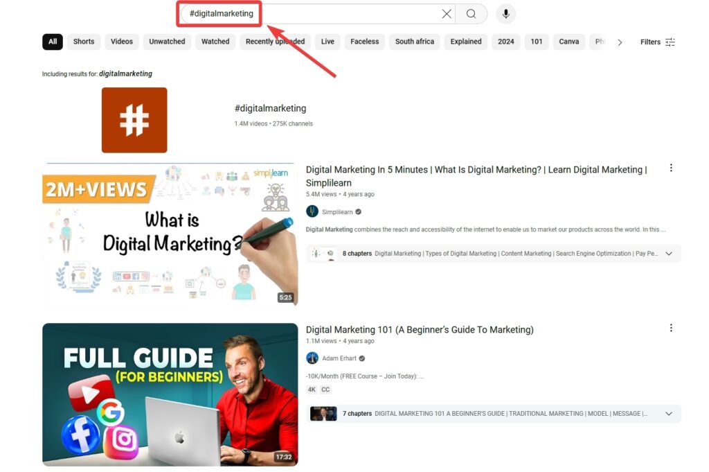 searching for hashtags on youtube