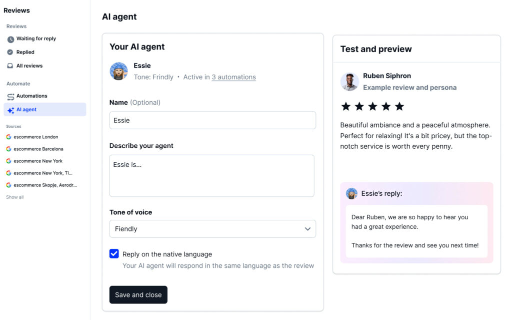 Ai agent customization for google reviews replies