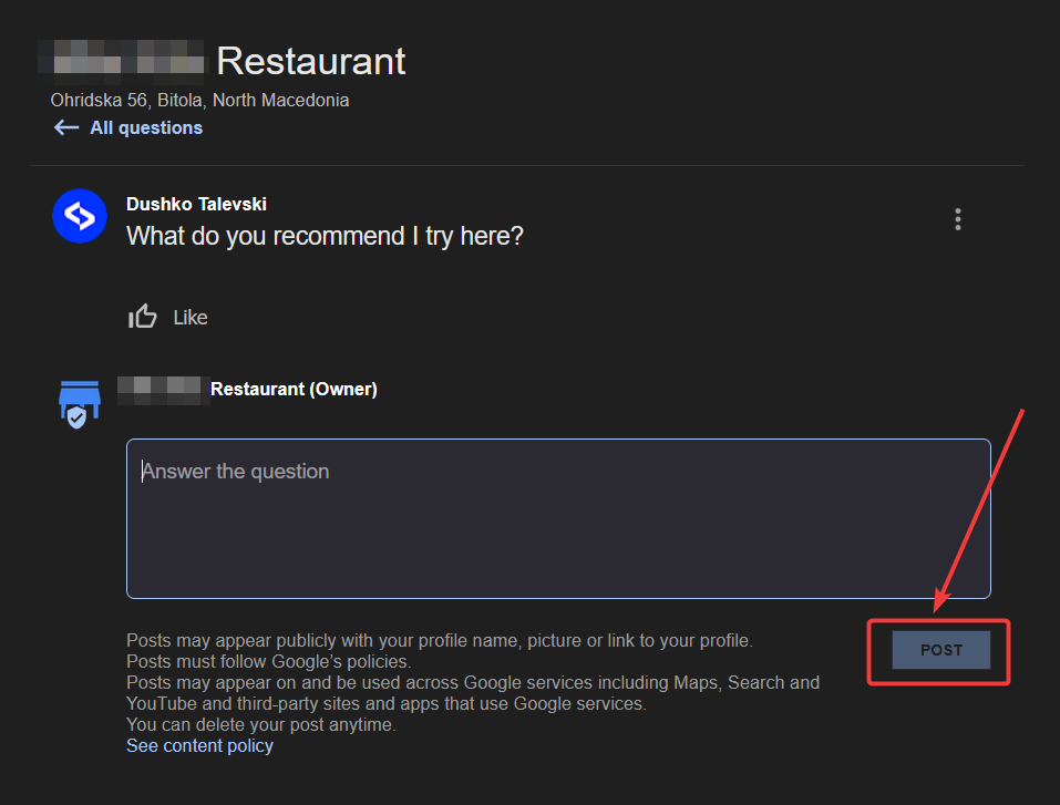 answering a google question via google business profile dashboard