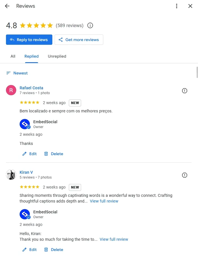 gbp reviews page for embedsocial